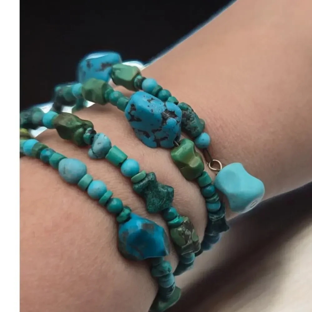 Turquoise Beaded Wrap Bracelet Boho Memory Wire Layered Southwestern